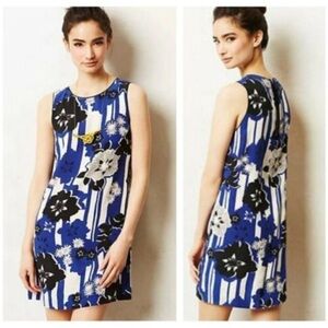 Anthro Maeve Canna Blue Floral Stripe Shift Dress